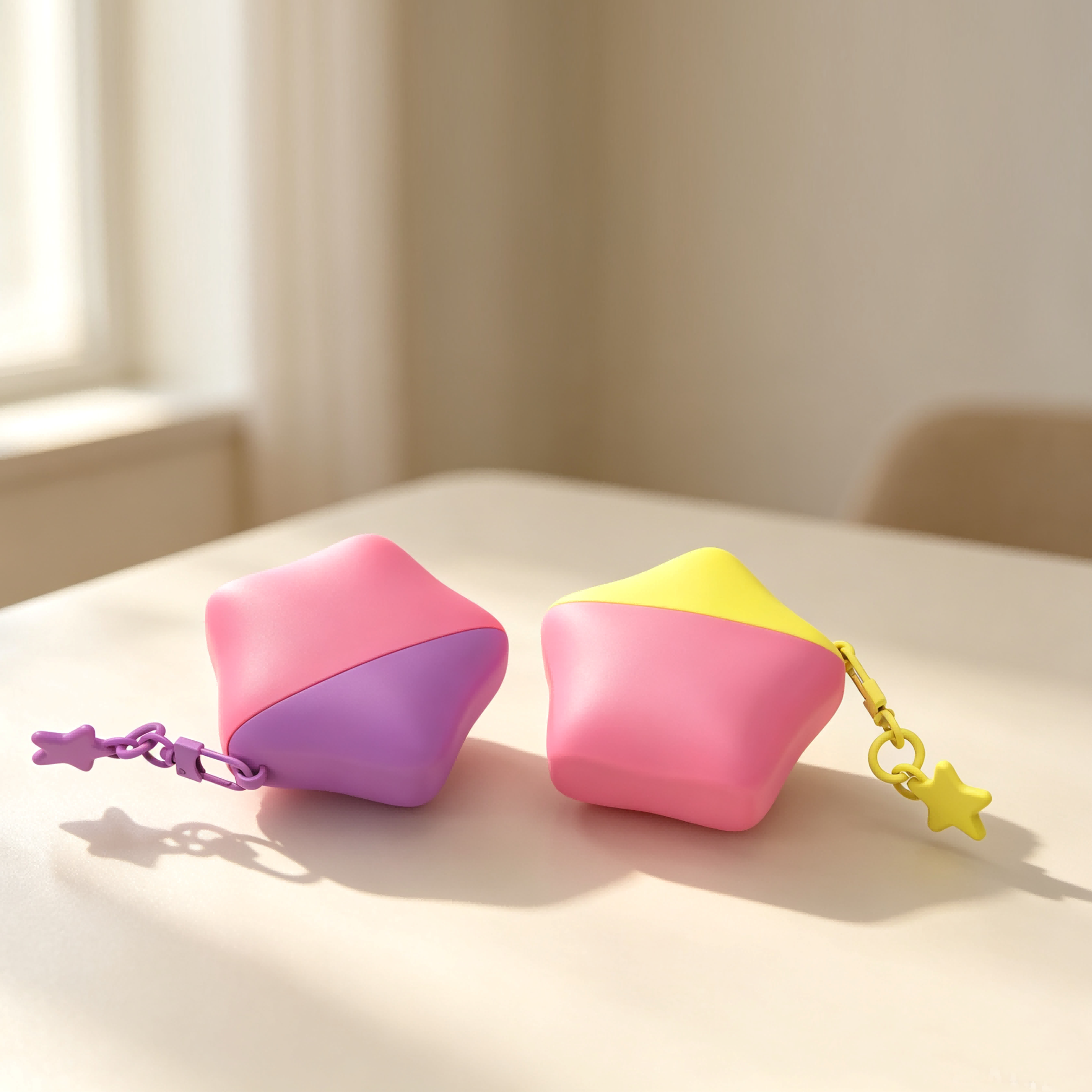 Capsule shaped Sunscreen Squeeze Bottle set, portable refillable travel squeeze container with split cover and star charm keyring, multi-angle product showcase
